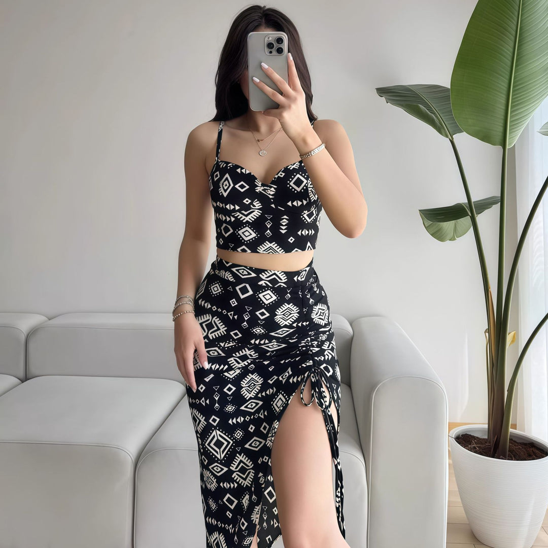 Damen Set aus Crop-Top und Knielangem Rock mit Raffungen Echo Archiv