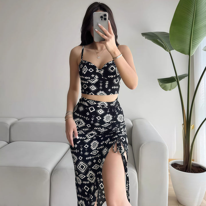 Damen Set aus Crop-Top und Knielangem Rock mit Raffungen Echo Archiv