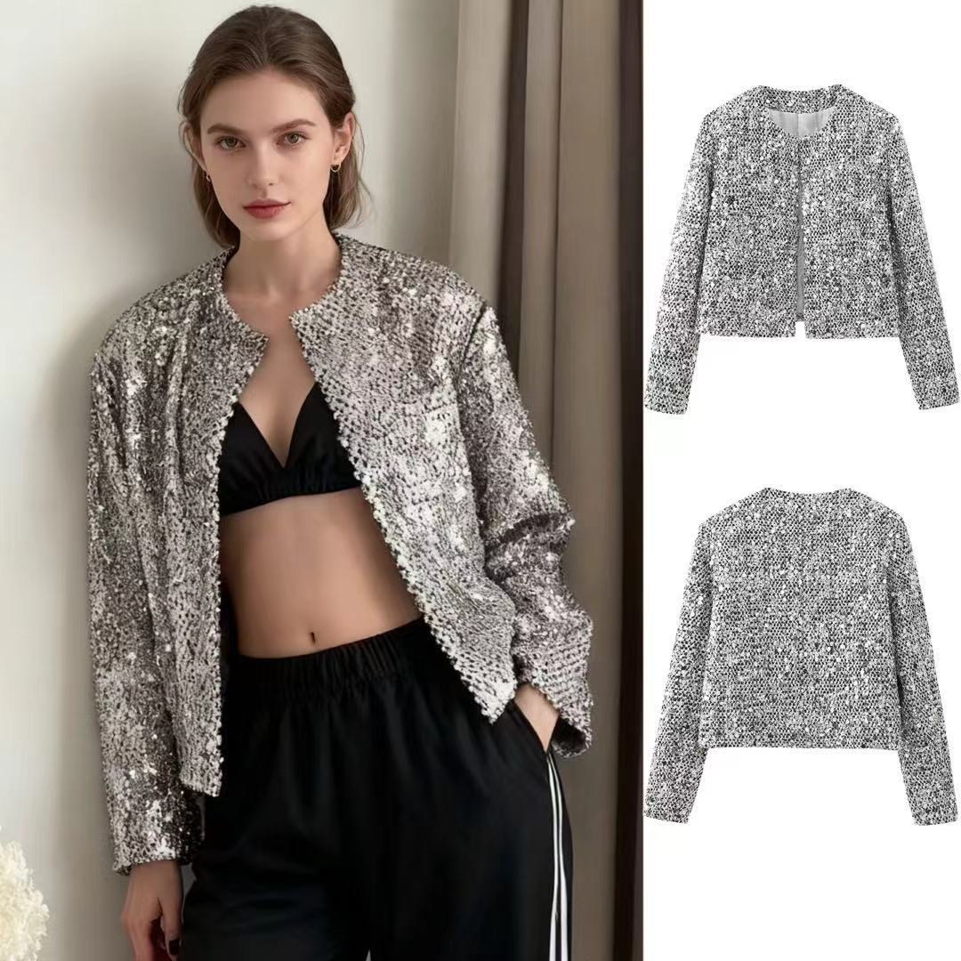 Damen nan gefütterte Bouclé-Kurzjacke mit Paillettenbesatz, Rundhalsausschnitt und offener Front Echo Archiv