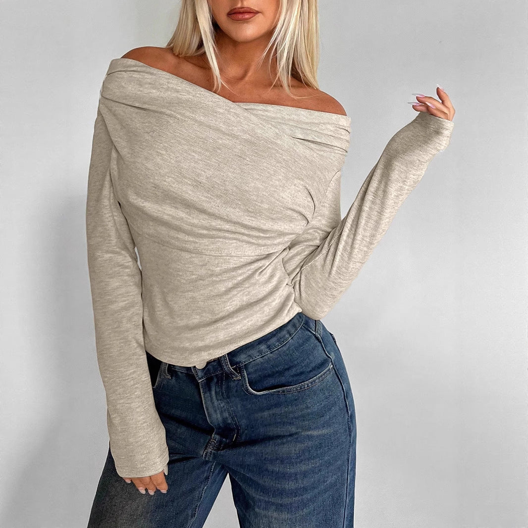 Damen Weiches Off-Shoulder Langarmshirt mit Wasserfallkragen und leichtem Stretch – Avérine
