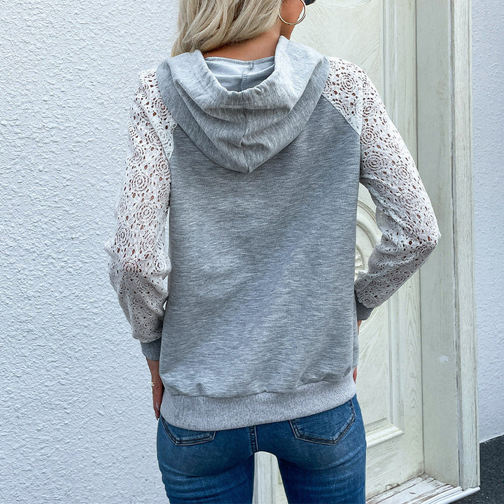 Damen Kapuzenpullover aus Sweat mit floralen Spitzeneinsätzen an Ärmeln und Kängurutasche – Auréline
