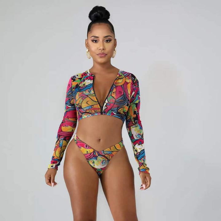 Damen Surf-Bikini-Set mit langärmeligem Oberteil und modischem Reißverschluss Echo Archiv