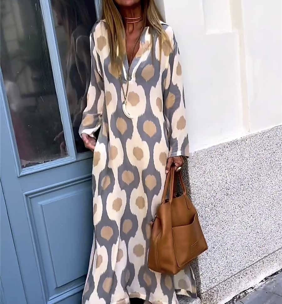 Damen Langes Boho-Maxikleid mit V-Ausschnitt, lockerem Schnitt und auffälligem Allover-Print – Valéora