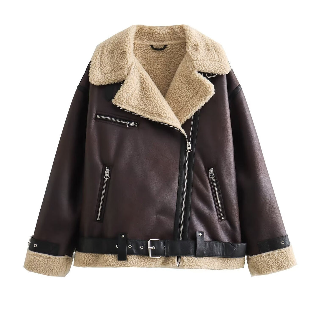 Damen Fliegerjacke im Bikerstil mit Teddyfutter, Kunstlederbesatz und Taillengürtel Echo Archiv