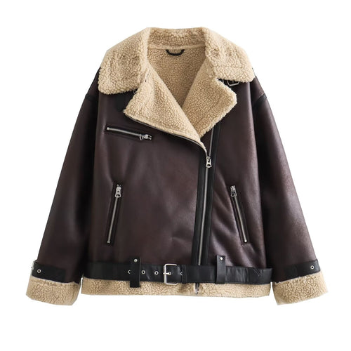 Damen Fliegerjacke im Bikerstil mit Teddyfutter, Kunstlederbesatz und Taillengürtel Echo Archiv