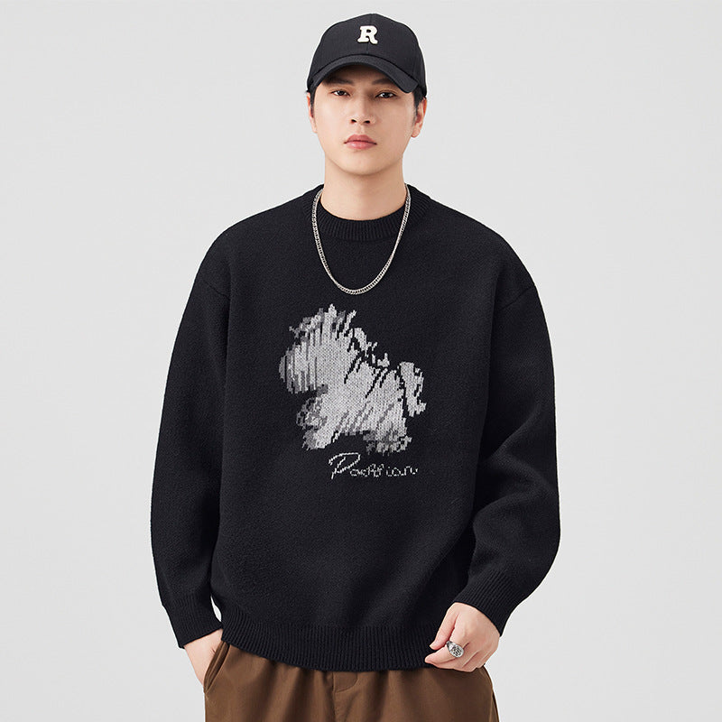 Herren Modischer Grobstrickpullover mit kreativer Tiermotiv-Applikation Echoarchiv