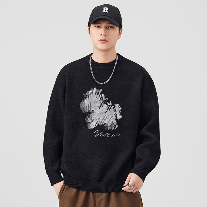 Herren Modischer Grobstrickpullover mit kreativer Tiermotiv-Applikation Echoarchiv