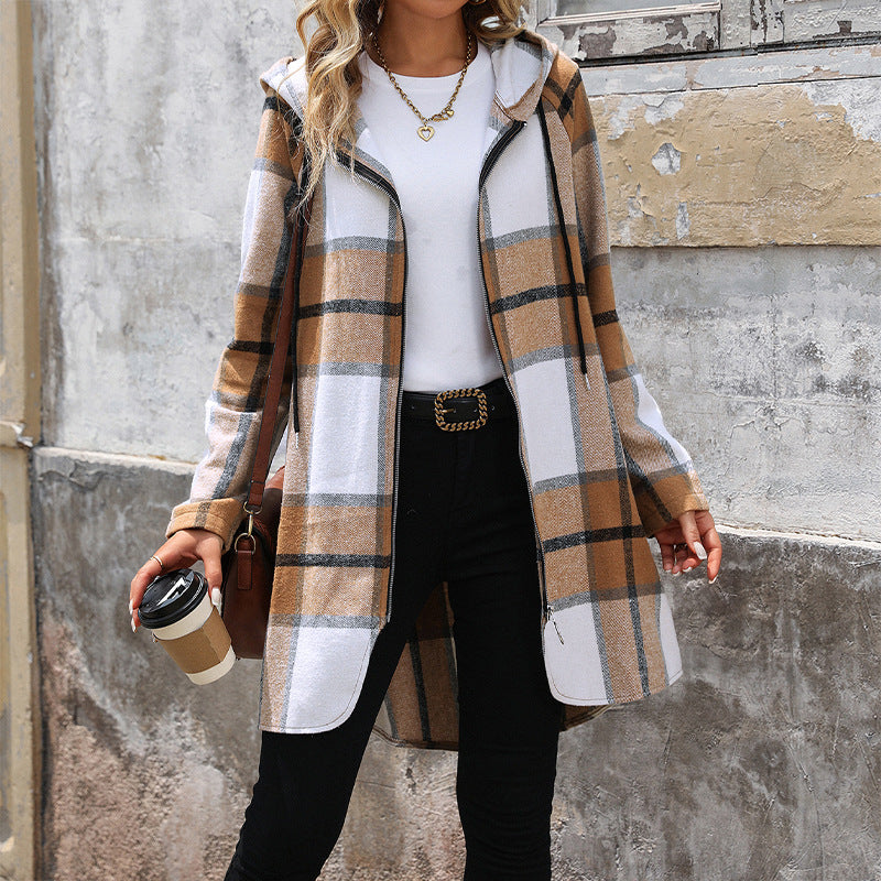 Damen Lange Kapuzen‑Strickjacke mit Karomuster, Reißverschluss & Eingrifftaschen Echoarchiv