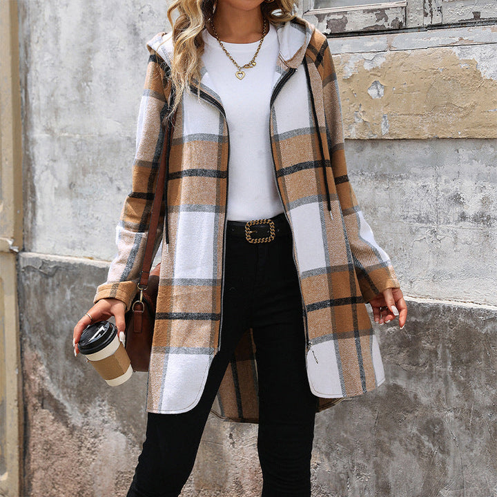 Damen Lange Kapuzen‑Strickjacke mit Karomuster, Reißverschluss & Eingrifftaschen Echoarchiv