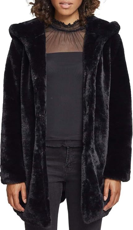 Damen Midilanger Kunstpelzmantel mit Kapuze, Teddy-Finish und verdeckter Knopfleiste Echo Archiv