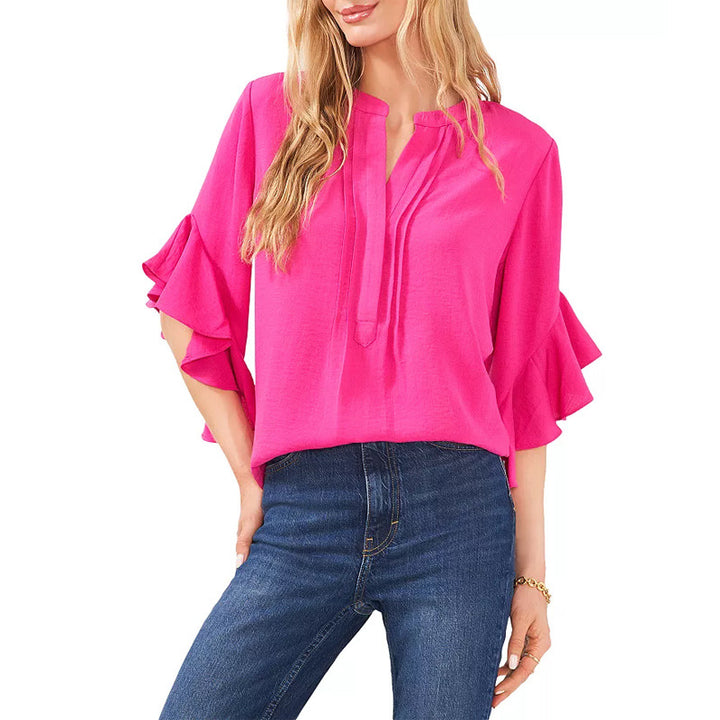 Damen Rüschen-Bluse mit V-Schlitz, lockerem Schnitt und Trompetenärmeln – Avérine