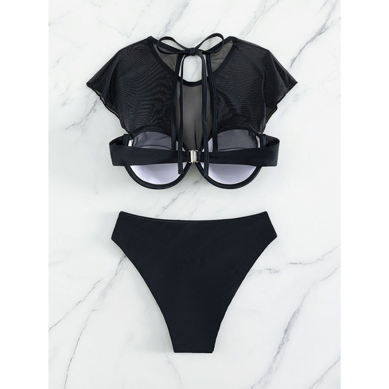 Damen Sport-Bikini-Oberteil mit transparenten Ärmeln und hochgeschnittenem Unterteil Echo Archiv