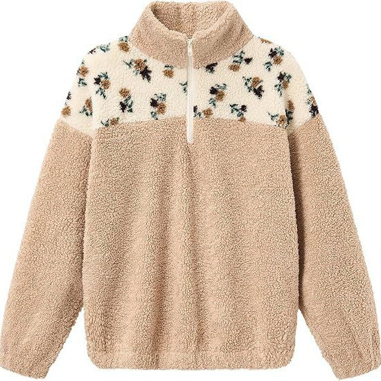 Damen Teddy-Fleece-Pullover mit Stehkragen, floralem Besatz und halbem Reißverschluss Echoarchiv