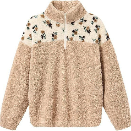 Damen Teddy-Fleece-Pullover mit Stehkragen, floralem Besatz und halbem Reißverschluss Echoarchiv