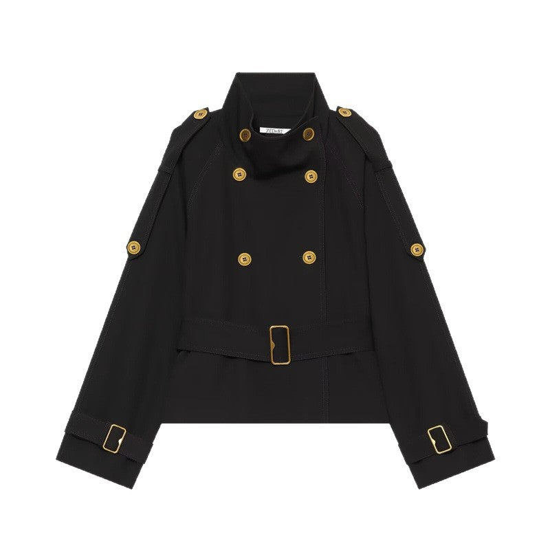 Damen Kurzer Doppelreiher-Trench mit Taillengürtel, Schulterklappen und goldfarbenen Details Echo Archiv