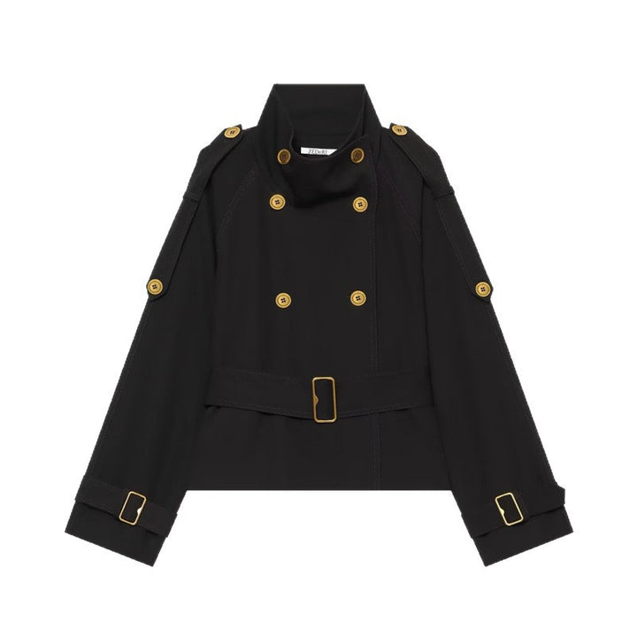 Damen Kurzer Doppelreiher-Trench mit Taillengürtel, Schulterklappen und goldfarbenen Details Echo Archiv