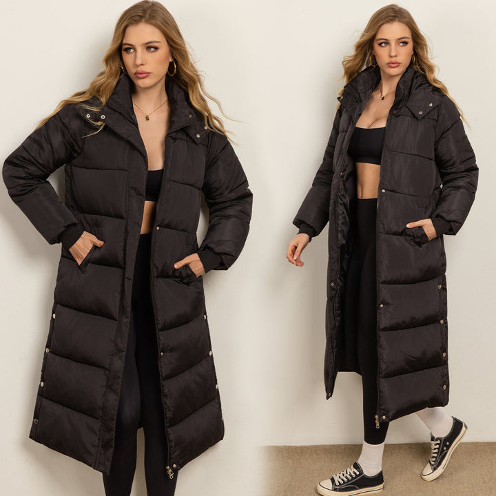 Damen Langer wattierter Puffer-Mantel mit Kassettensteppung, Zwei-Wege-Reißverschluss und Rippbündchen Echo Archiv
