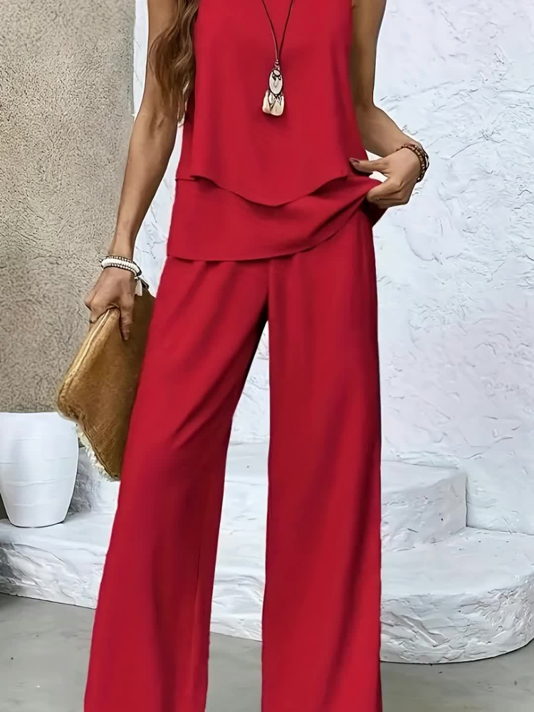 Damen elegantes Zweiteiliges Outfit mit fließendem Schnitt und weit geschnittenen Hosen Echoarchiv