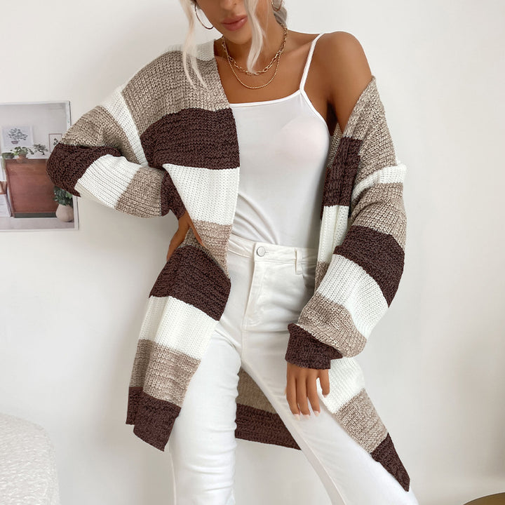 Damen Longline Strickcardigan mit breiten Blockstreifen, offener Front und überschnittener Schulter Echoarchiv