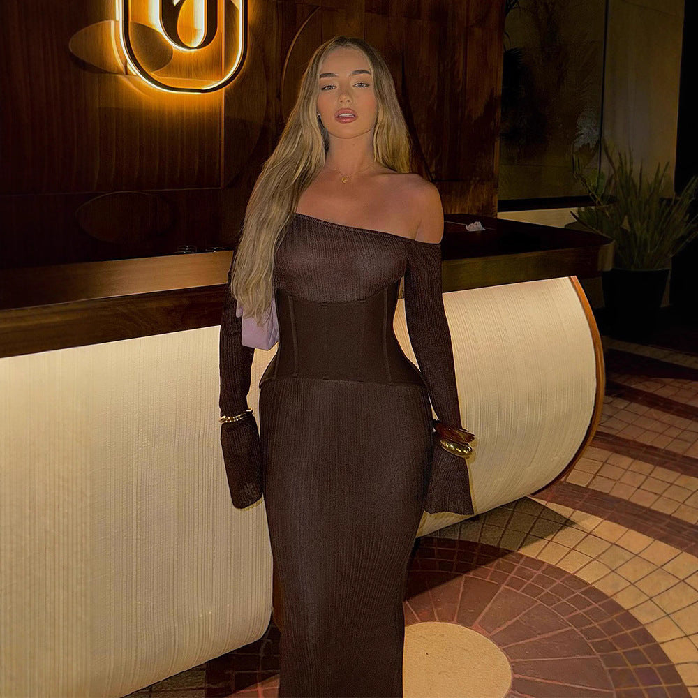 Damen One-Shoulder Maxikleid mit formendem Korsettbund und Rippstrick Echoarchiv