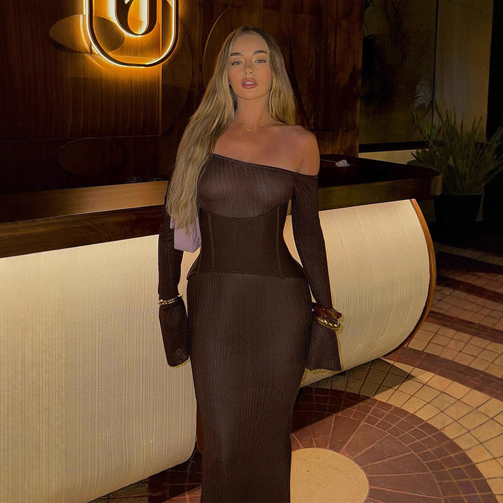 Damen One-Shoulder Maxikleid mit formendem Korsettbund und Rippstrick Echoarchiv