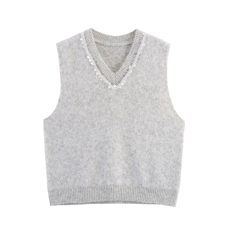 Damen Ärmellose Mohairoptik Strickweste mit V-Ausschnitt und Zierpailletten Echoarchiv