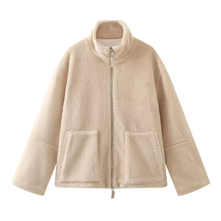 Damen Teddy-Fleece-Jacke mit Stehkragen und Lederoptik-Details Echo Archiv