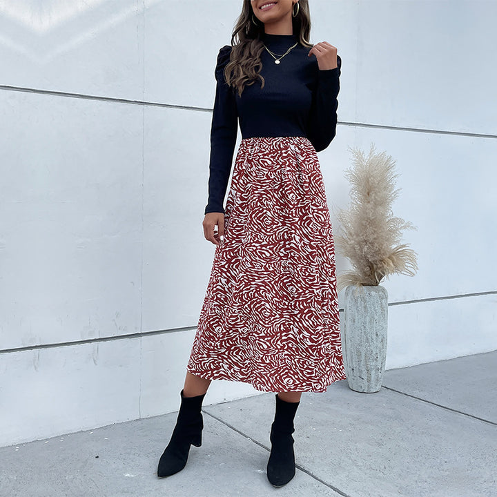 Damen A-Linien-Midirock mit hohem Bund, fließender Silhouette und abstraktem Print Echoarchiv
