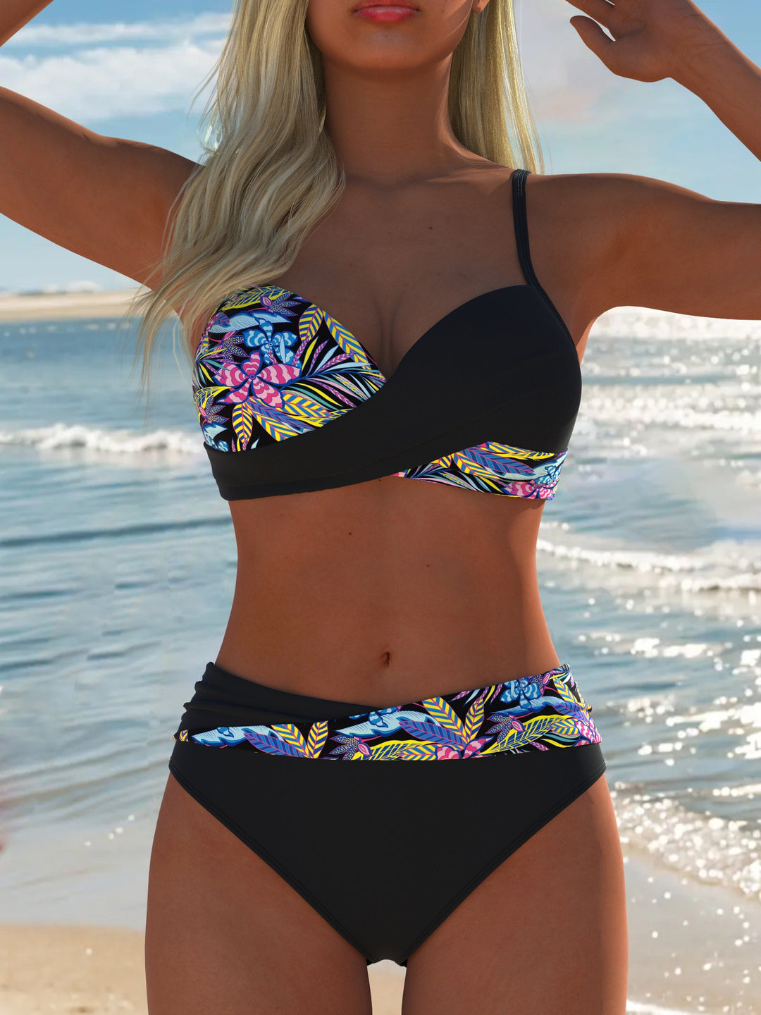 Damen Balconette-Bikini mit trendy Palmendruck und eleganter Ring-Detaillierung Echo Archiv