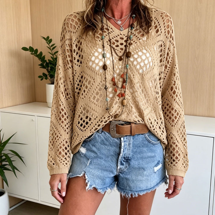 Damen Grobstrick-Häkelpullover mit offenen Maschen und V‑Ausschnitt – Mavelle