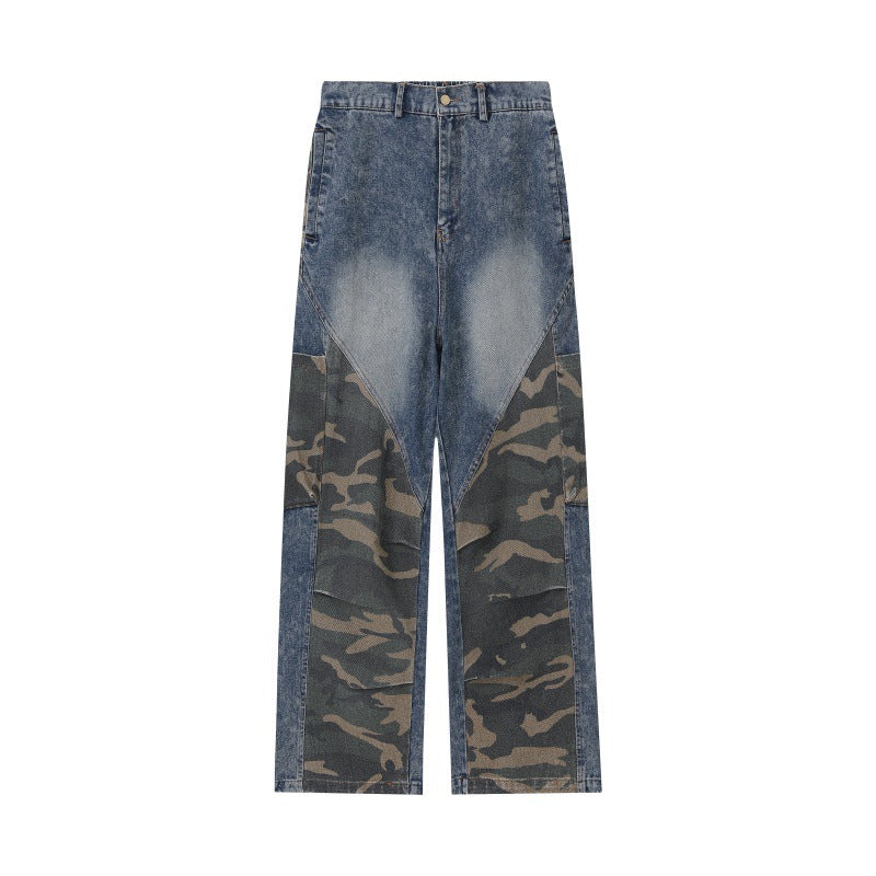 Damen Weite High‑Waist Denim‑Cargohose mit Camouflage‑Einsätzen Echoarchiv