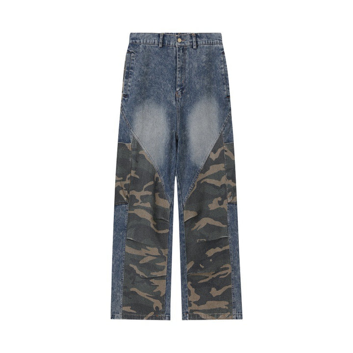 Damen Weite High‑Waist Denim‑Cargohose mit Camouflage‑Einsätzen Echoarchiv