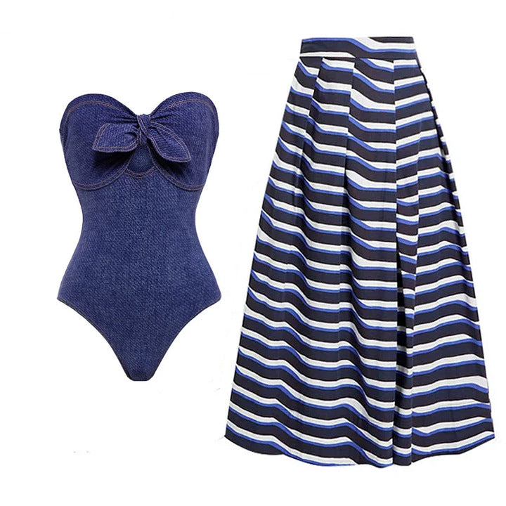 Damen Bandeau Badeanzug mit dekorativen Schleifen und gestreiftem Maxiröckchen Echo Archiv