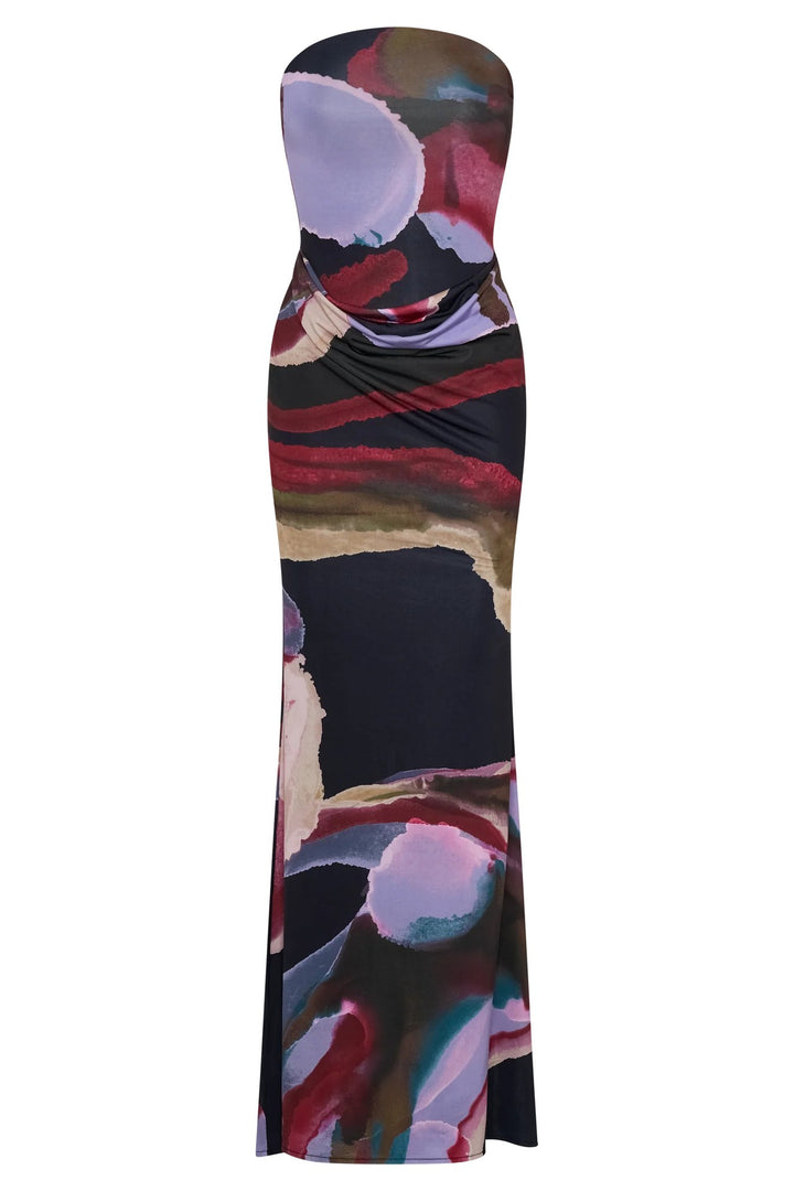 Damen Strapless Maxikleid mit fließendem Stoff und kunstvollem Druck Echo Archiv