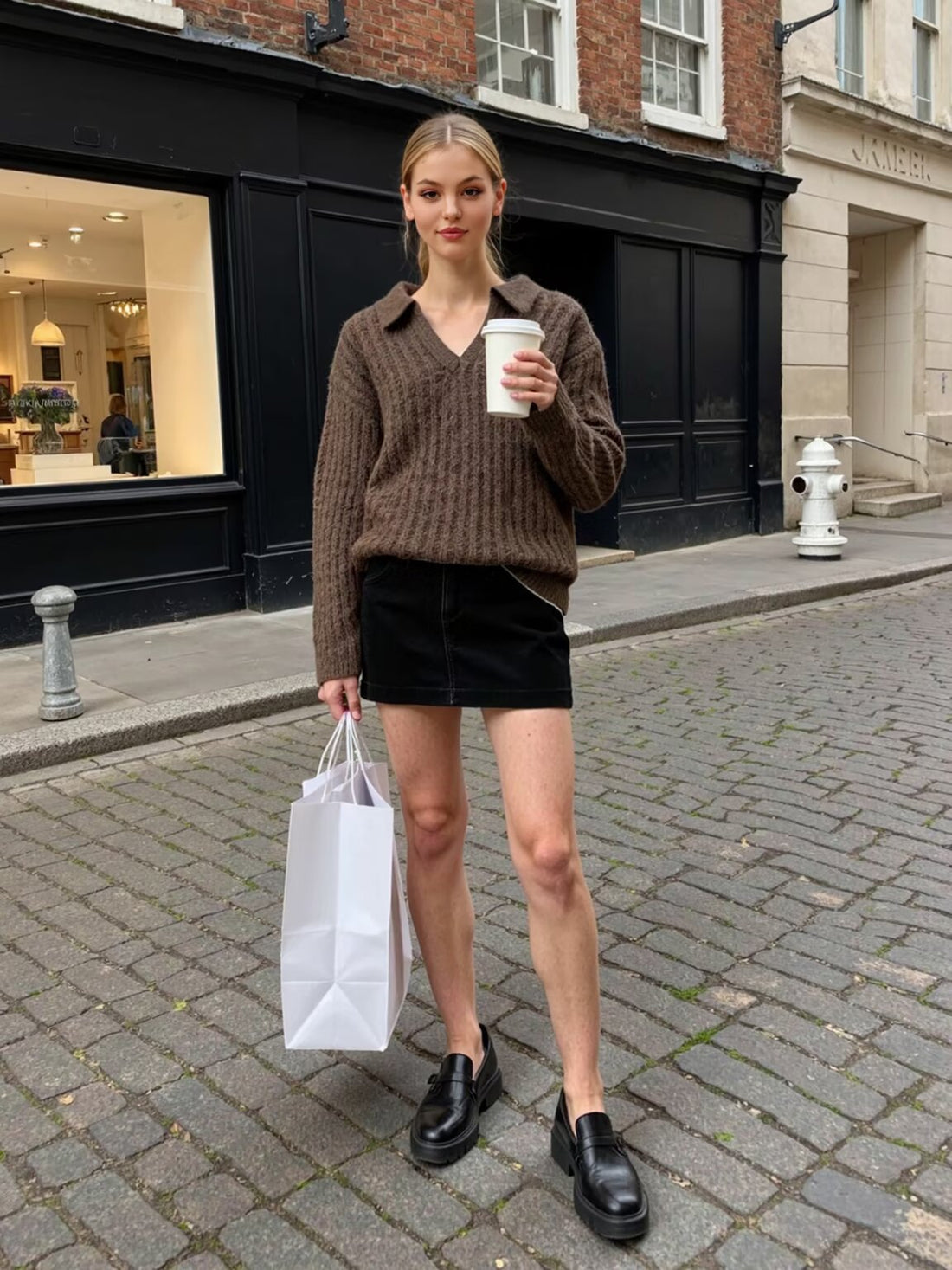 Damen Oversize-Grobstrick-Set mit Polokragen und Midirock Echoarchiv