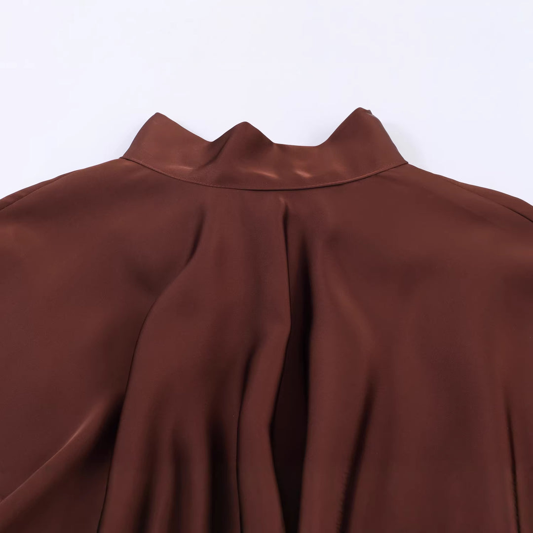 Damen elegantes Satin-Minikleid mit Schleifenkragen, Ballonärmeln und elastischer Taille – Élara