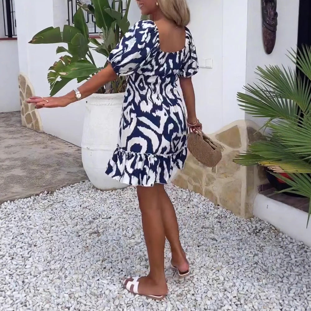 Damen nan Kurzschnitt-Sommerkleid mit quadratischem Ausschnitt, Puffärmeln und Volant-Saum Echo Archiv