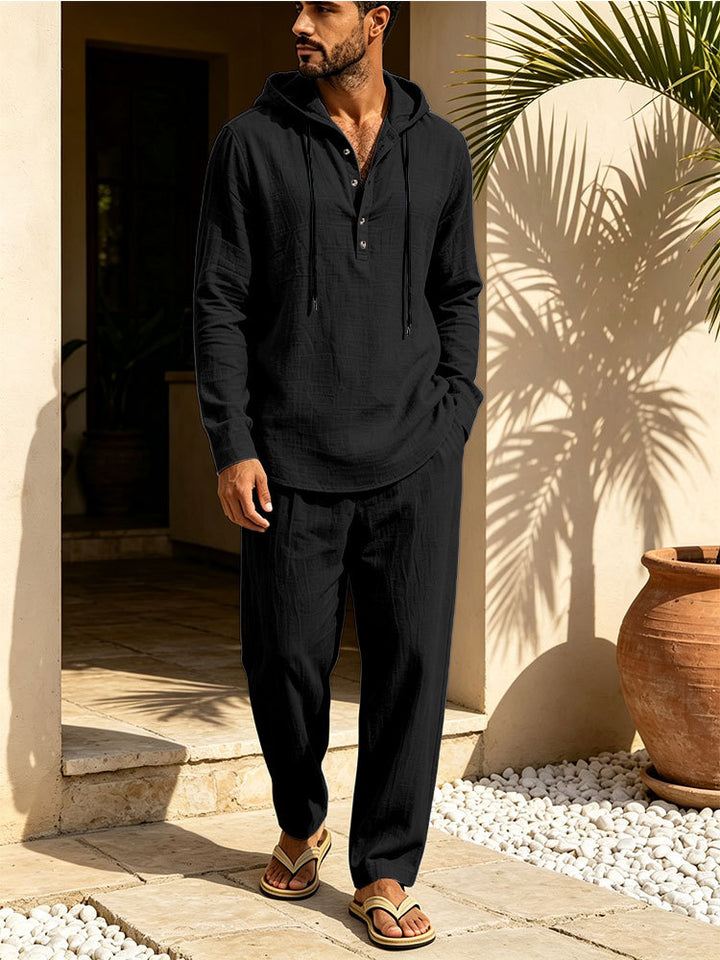 Herren Lässiges Leinen-Look Freizeit-Set mit Kapuzenhemd und weiten Hosen Echoarchiv