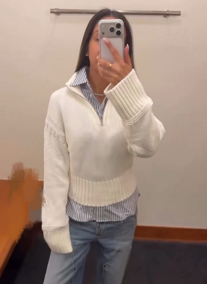 Damen Cropped Strickpullover mit halbem Reißverschluss, Stehkragen und Ballonärmeln Echo Archiv