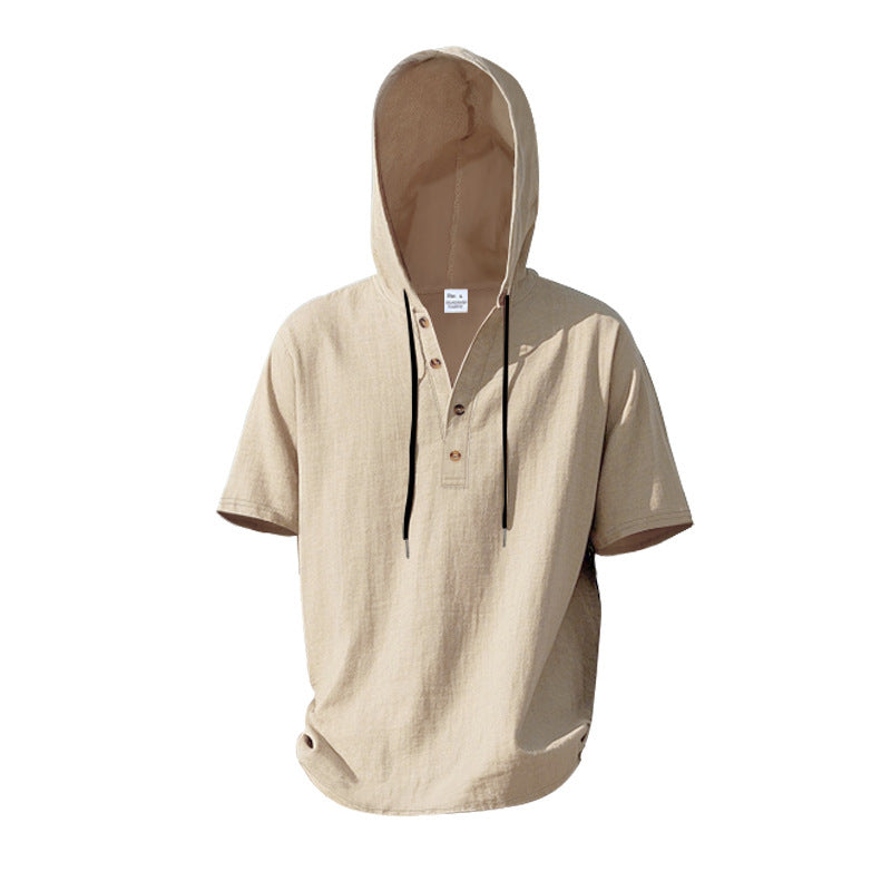 Herren Kurzarm-Hoodie-Henley aus Leinenoptik mit Knopfleiste – Cavarno