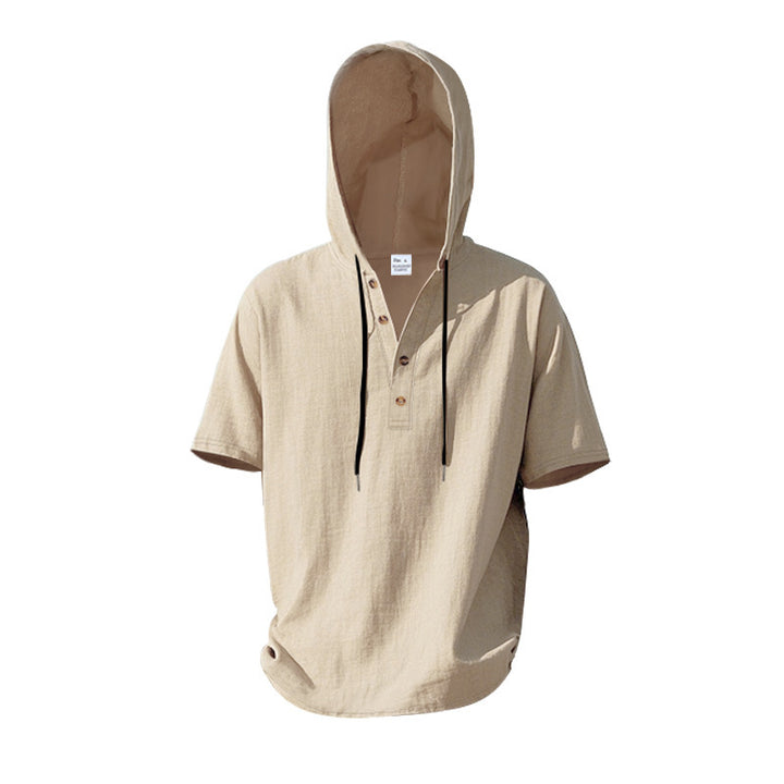 Herren Kurzarm-Hoodie-Henley aus Leinenoptik mit Knopfleiste – Cavarno
