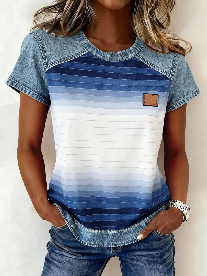 Damen Kurzarmshirt mit Jeans-Einsätzen und Teddy-Patchprint Echo Archiv