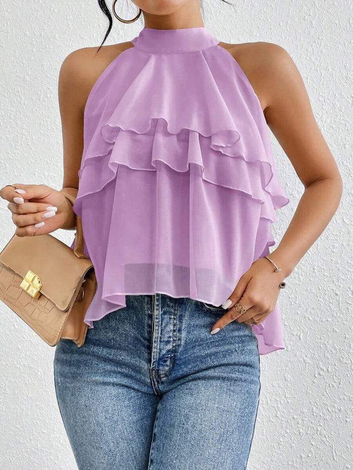 Damen Luftiges Chiffon-Top mit Stehkragen und mehrlagigen Volants Echo Archiv