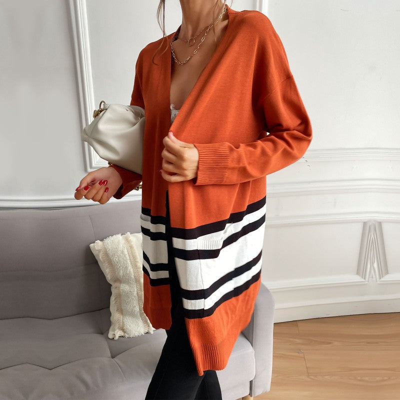 Damen Longline-Cardigan mit Kontraststreifen, aufgesetzten Taschen & Rippbündchen Echoarchiv