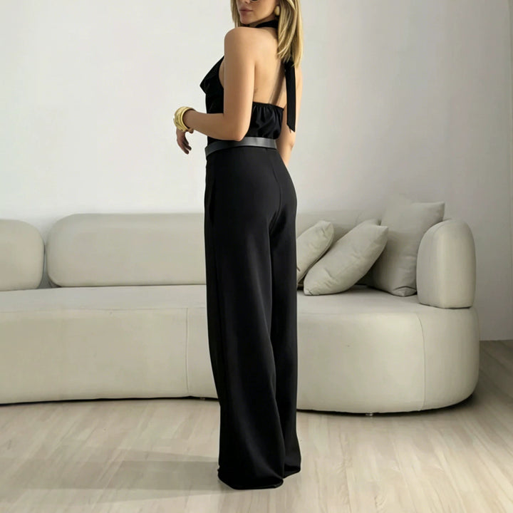 Damen Eleganter Neckholder-Overall mit weitem Palazzo-Bein und taillierter Passform – Avérine