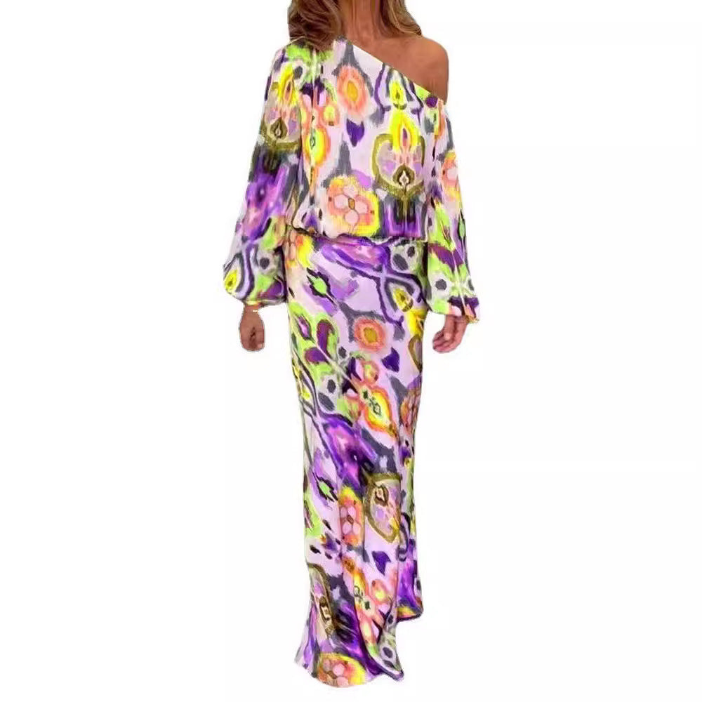 Damen Maxikleid mit asymmetrischer Ein-Schulter, fließendem Satin und Glockenärmeln – Valéora
