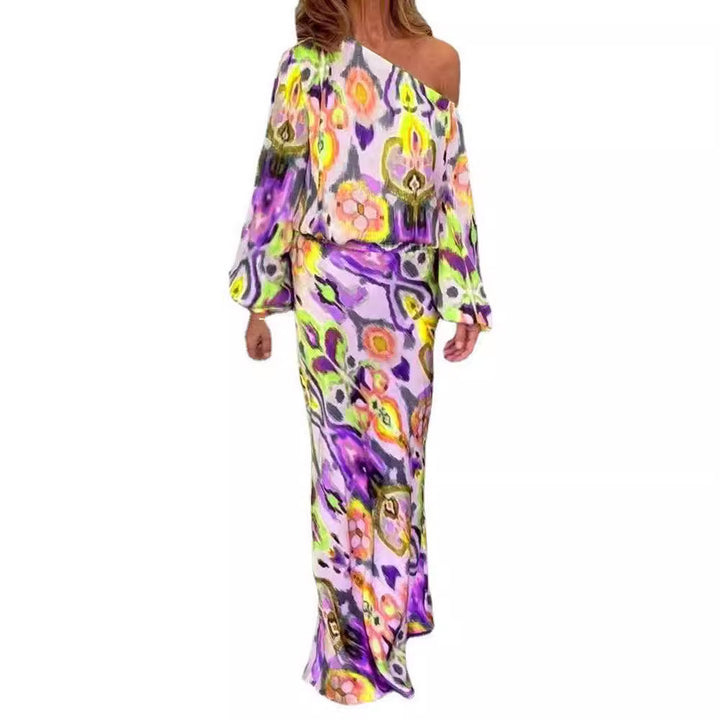 Damen Maxikleid mit asymmetrischer Ein-Schulter, fließendem Satin und Glockenärmeln – Valéora