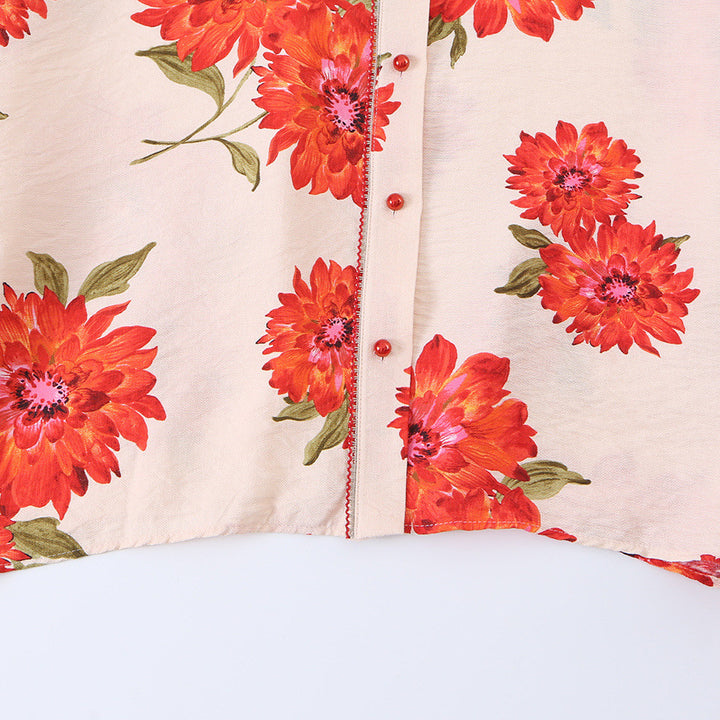 Damen Oversize-Bluse mit Blumenprint, durchgehender Knopfleiste und Dreiviertelärmeln Echoarchiv