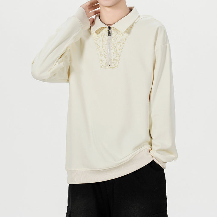 Herren Lockeres Sweatshirt mit Polokragen, halbem Reißverschluss und Paisley-Besatz Echo Archiv