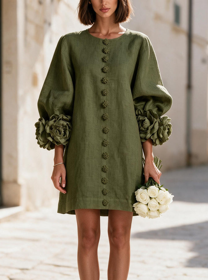Damen Kurzkleid aus Leinen mit voluminösen Ballonärmeln und 3D-Blumenmanschetten Echoarchiv
